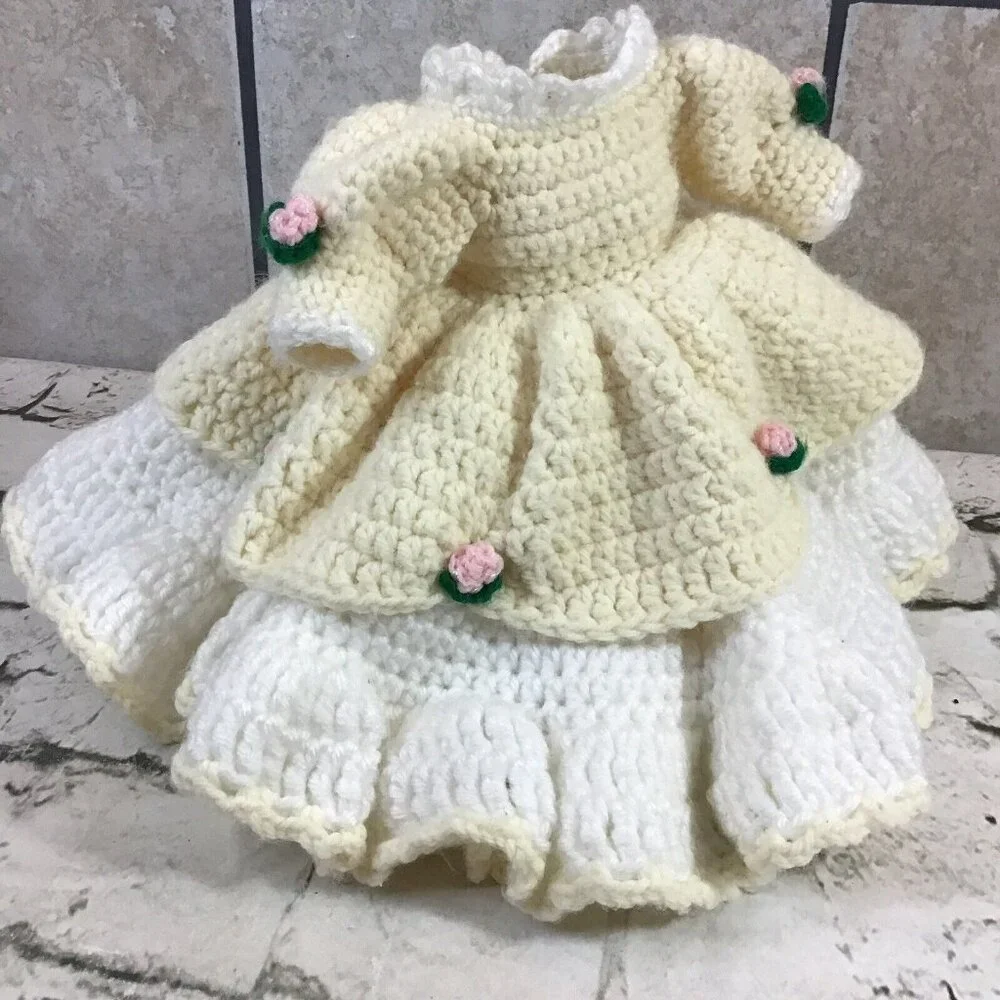 Vintage Handmade Crochet Doll Dress Yellow Layered Ruffled Southern Belle‎ Gown